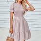 Solid Puff Sleeve Shirred Detail Ruffle Hem Dress - Farnelli