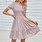 Solid Puff Sleeve Shirred Detail Ruffle Hem Dress - Farnelli
