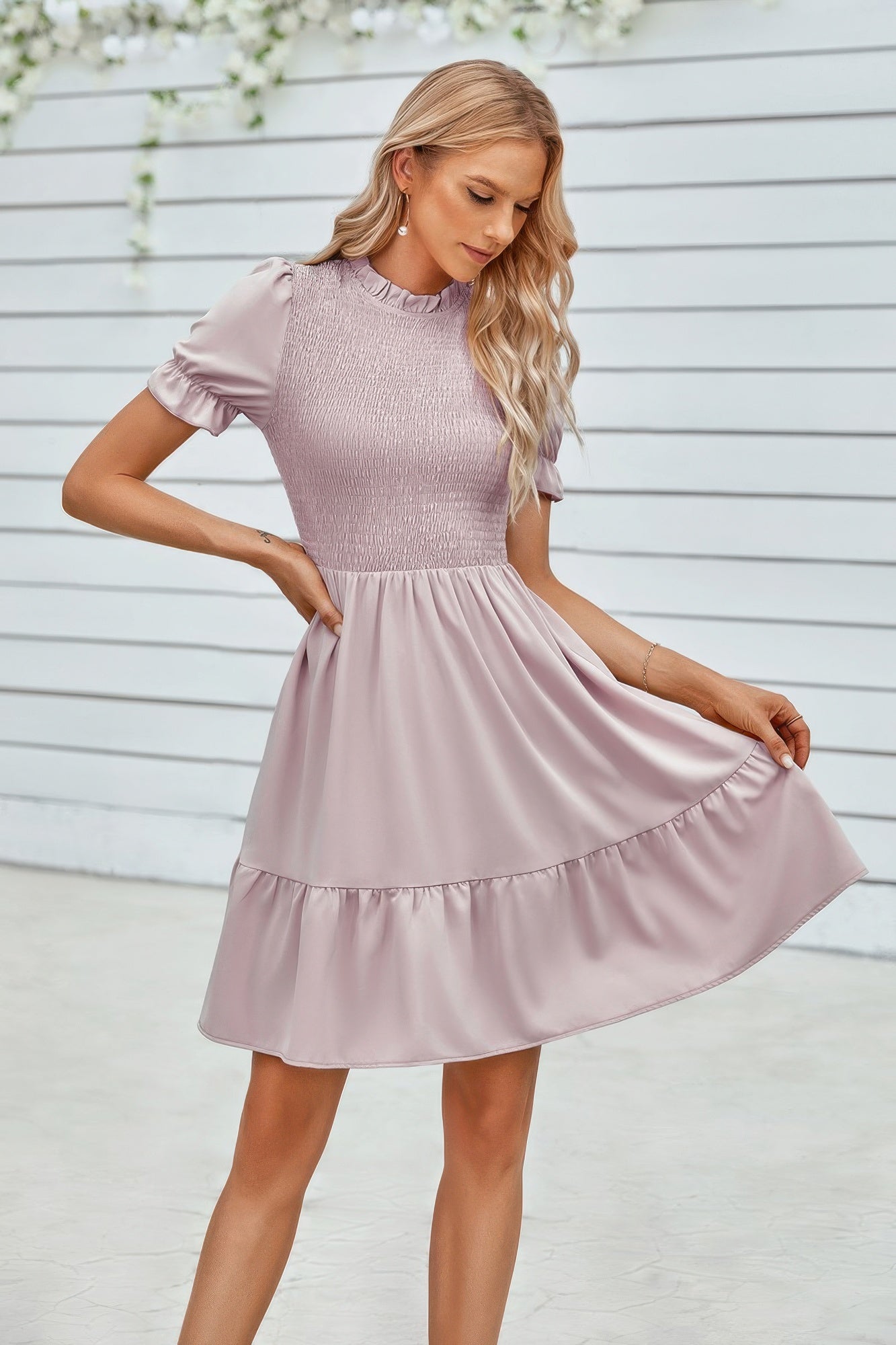 Solid Puff Sleeve Shirred Detail Ruffle Hem Dress - Farnelli