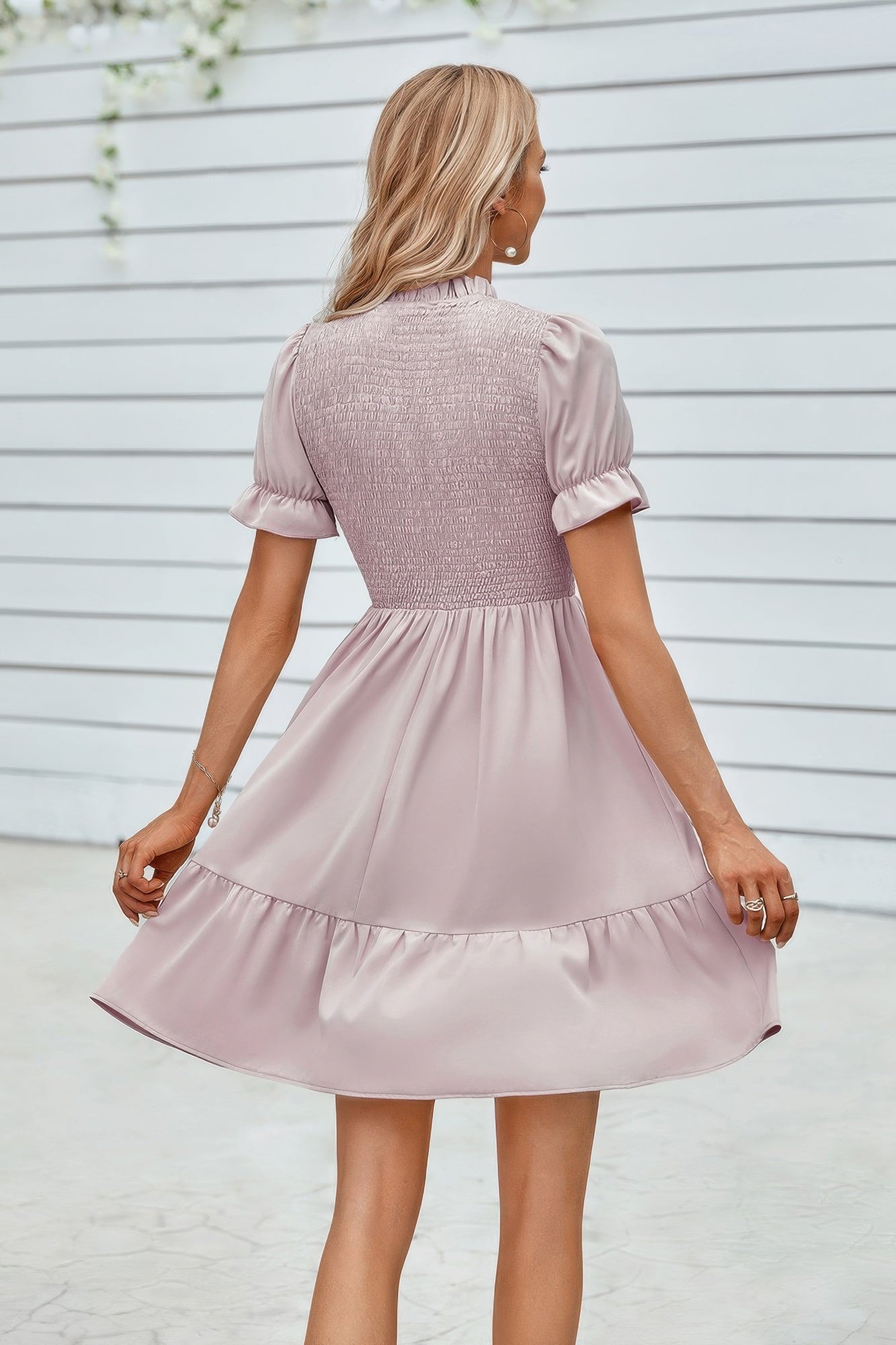 Solid Puff Sleeve Shirred Detail Ruffle Hem Dress - Farnelli