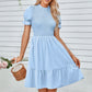 Solid Puff Sleeve Shirred Detail Ruffle Hem Dress - Farnelli
