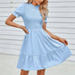 Solid Puff Sleeve Shirred Detail Ruffle Hem Dress - Farnelli