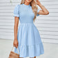 Solid Puff Sleeve Shirred Detail Ruffle Hem Dress - Farnelli