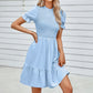 Solid Puff Sleeve Shirred Detail Ruffle Hem Dress - Farnelli