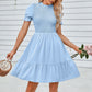 Solid Puff Sleeve Shirred Detail Ruffle Hem Dress - Farnelli