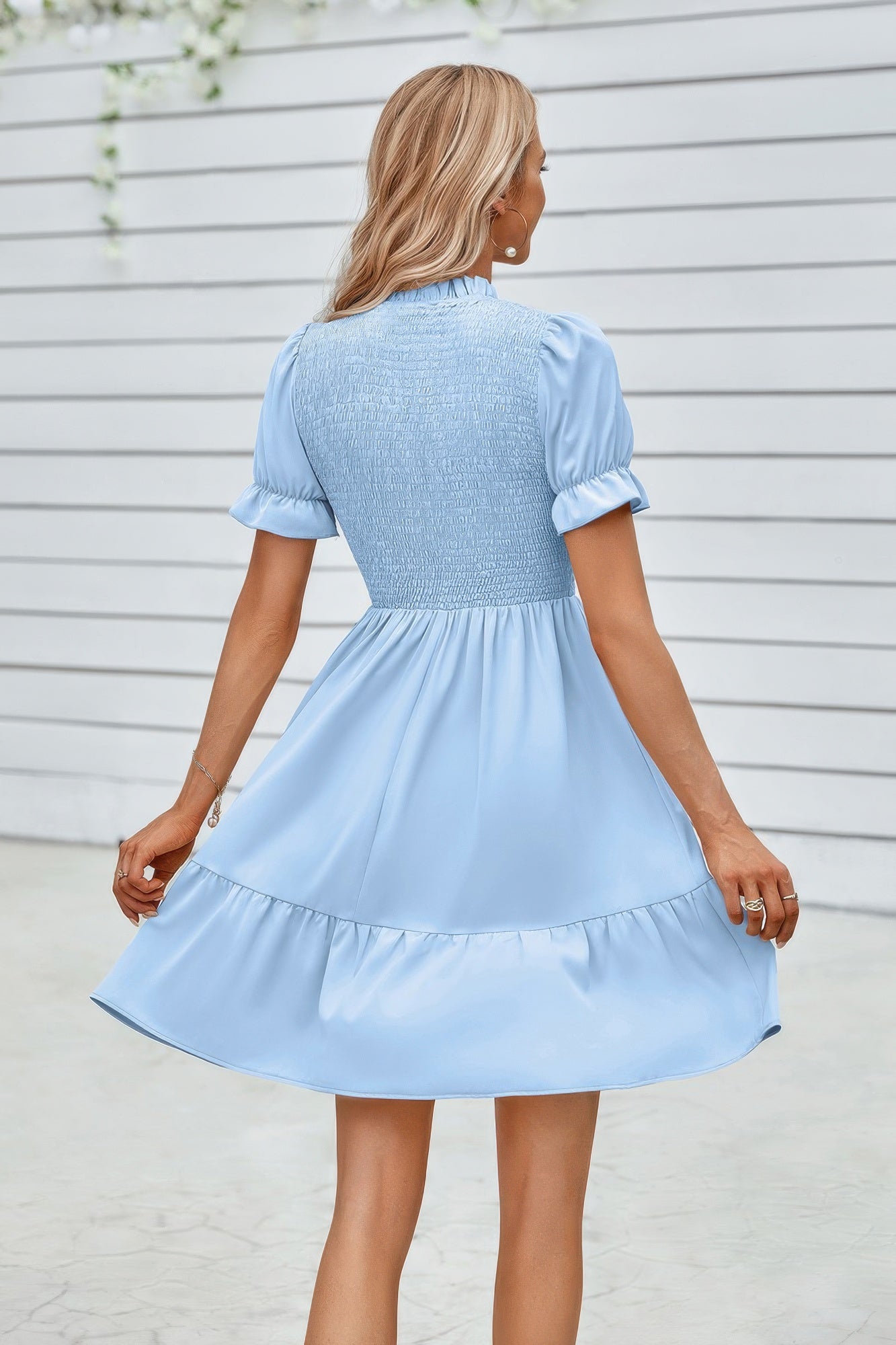 Solid Puff Sleeve Shirred Detail Ruffle Hem Dress - Farnelli