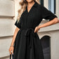 Solid V Neck Waist Tie Belt A Line Dress - Farnelli