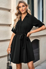 Solid V Neck Waist Tie Belt A Line Dress - Farnelli