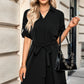 Solid V Neck Waist Tie Belt A Line Dress - Farnelli