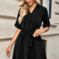 Solid V Neck Waist Tie Belt A Line Dress - Farnelli