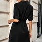Solid V Neck Waist Tie Belt A Line Dress - Farnelli