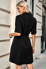 Solid V Neck Waist Tie Belt A Line Dress - Farnelli
