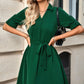Solid V Neck Waist Tie Belt A Line Dress - Farnelli
