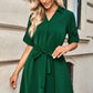 Solid V Neck Waist Tie Belt A Line Dress - Farnelli