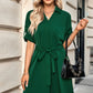 Solid V Neck Waist Tie Belt A Line Dress - Farnelli