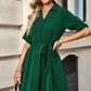 Solid V Neck Waist Tie Belt A Line Dress - Farnelli