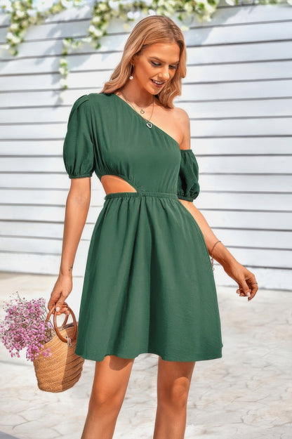 One Shoulder Puff Sleeve Fit Flare Short Dress - Farnelli