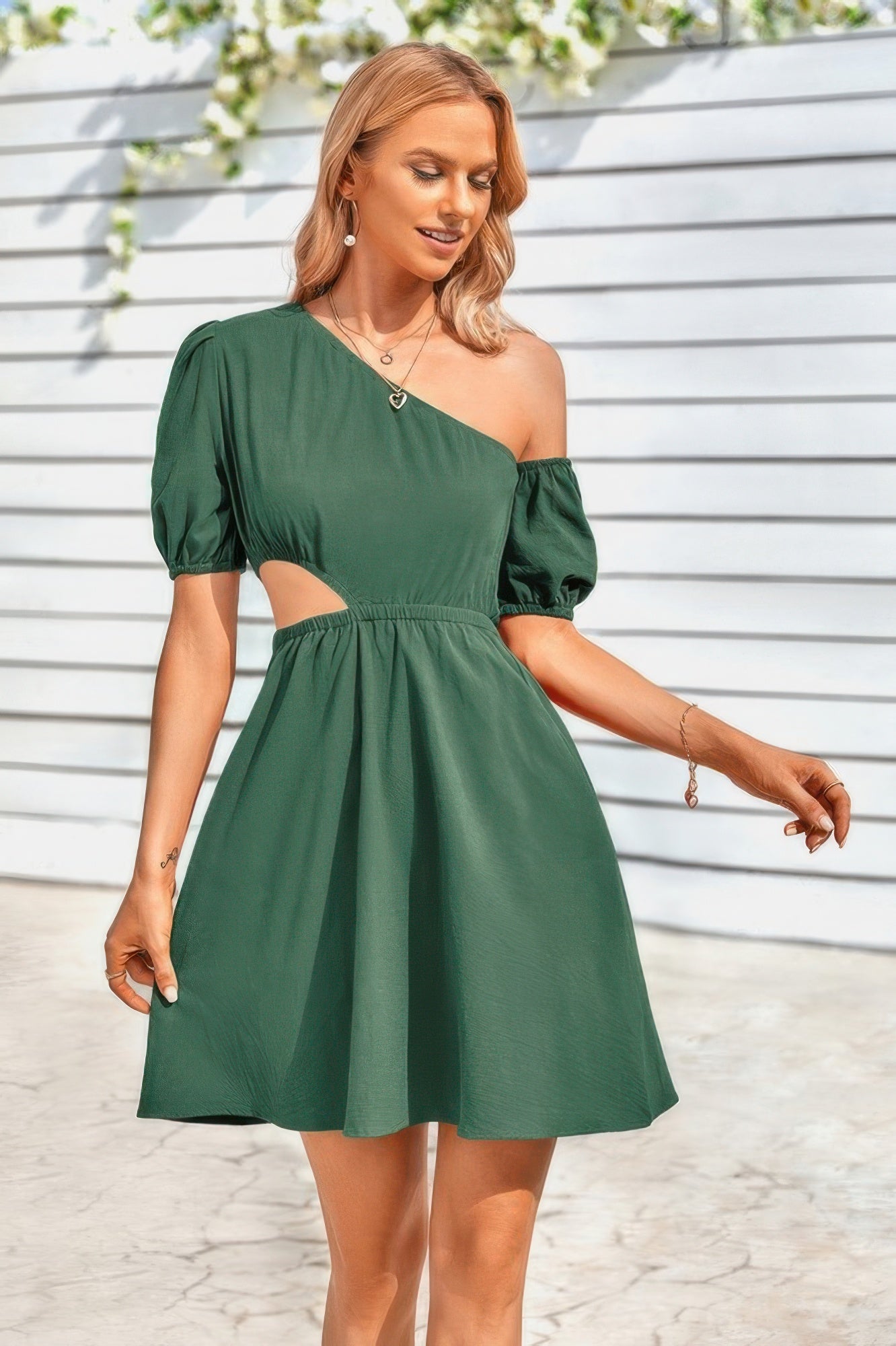 One Shoulder Puff Sleeve Fit Flare Short Dress - Farnelli