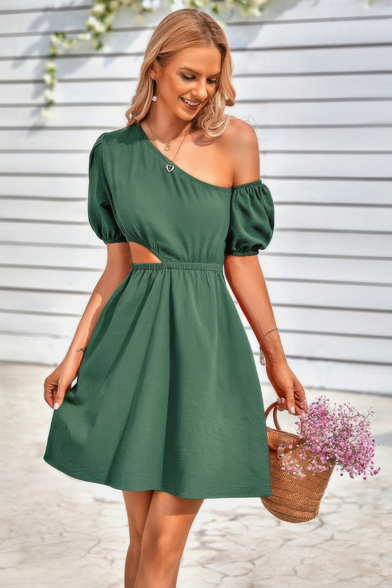 One Shoulder Puff Sleeve Fit Flare Short Dress - Farnelli
