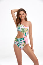 Solid One Shoulder Cut Out Waist Knot Swimsuit - Farnelli