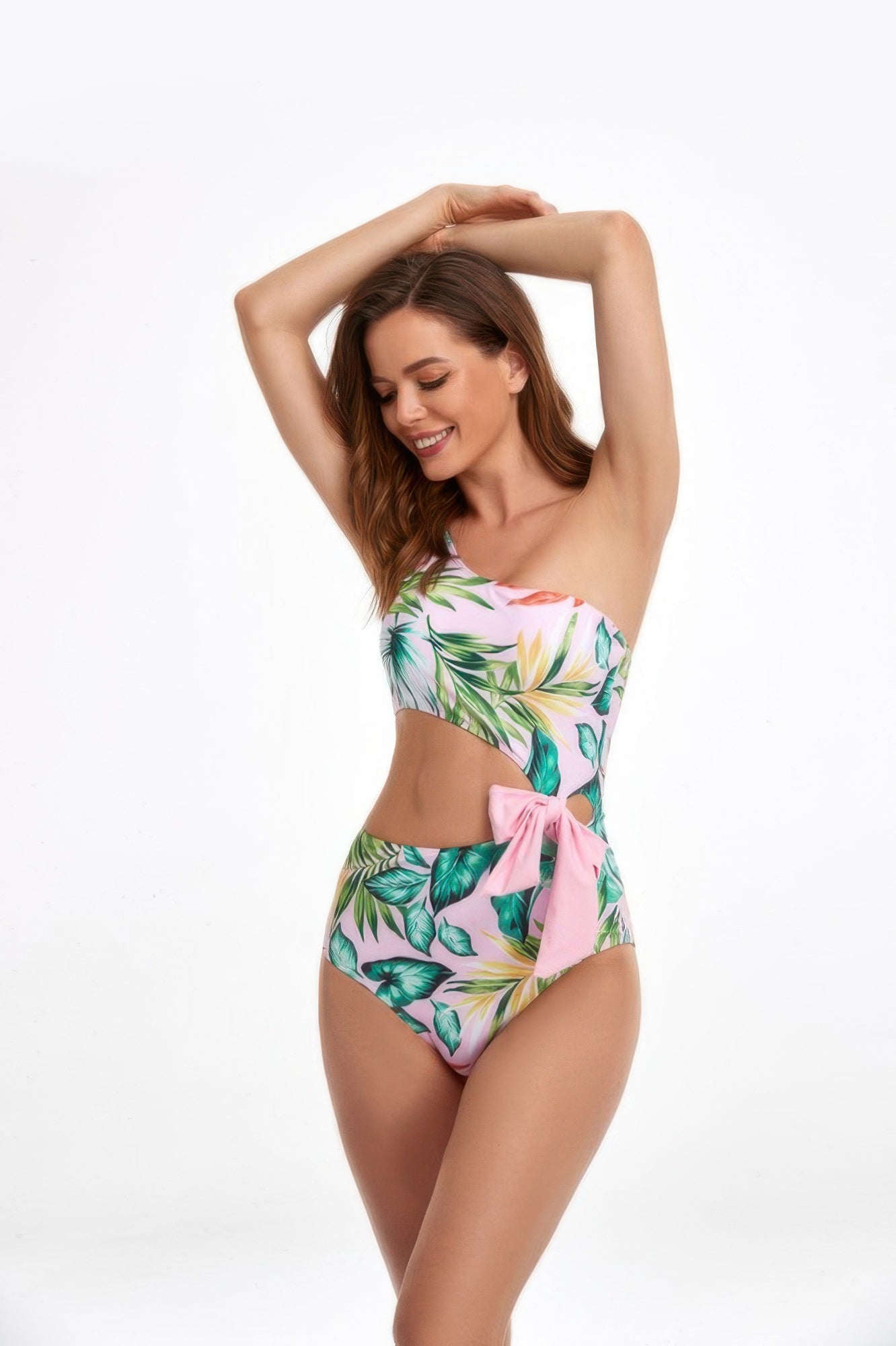 Solid One Shoulder Cut Out Waist Knot Swimsuit - Farnelli