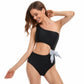 Solid One Shoulder Cut Out Waist Knot Swimsuit - Farnelli