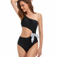 Solid One Shoulder Cut Out Waist Knot Swimsuit - Farnelli