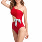 Solid One Shoulder Cut Out Waist Knot Swimsuit - Farnelli