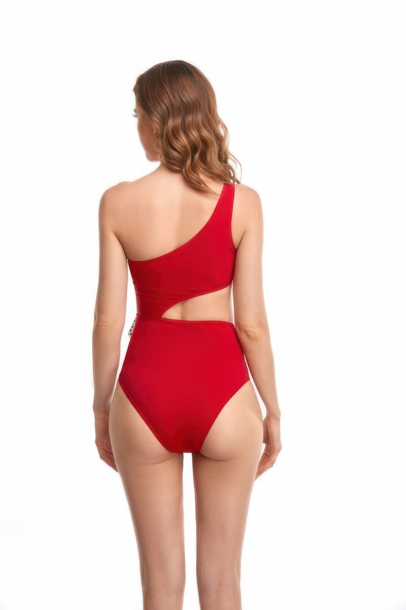 Solid One Shoulder Cut Out Waist Knot Swimsuit - Farnelli