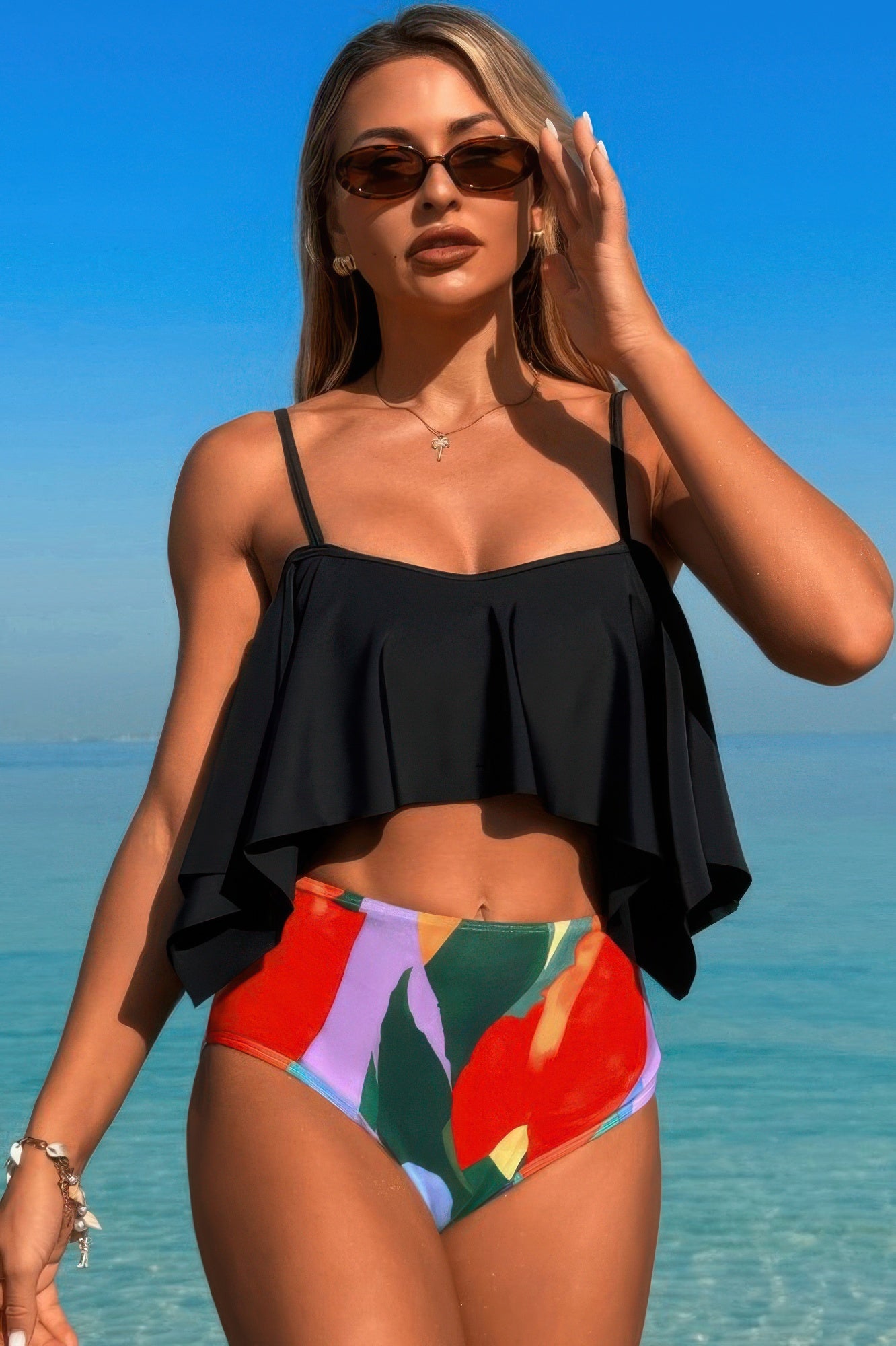 Ruffle Top High Waisted Bottom Tankini Swimsuit - Farnelli
