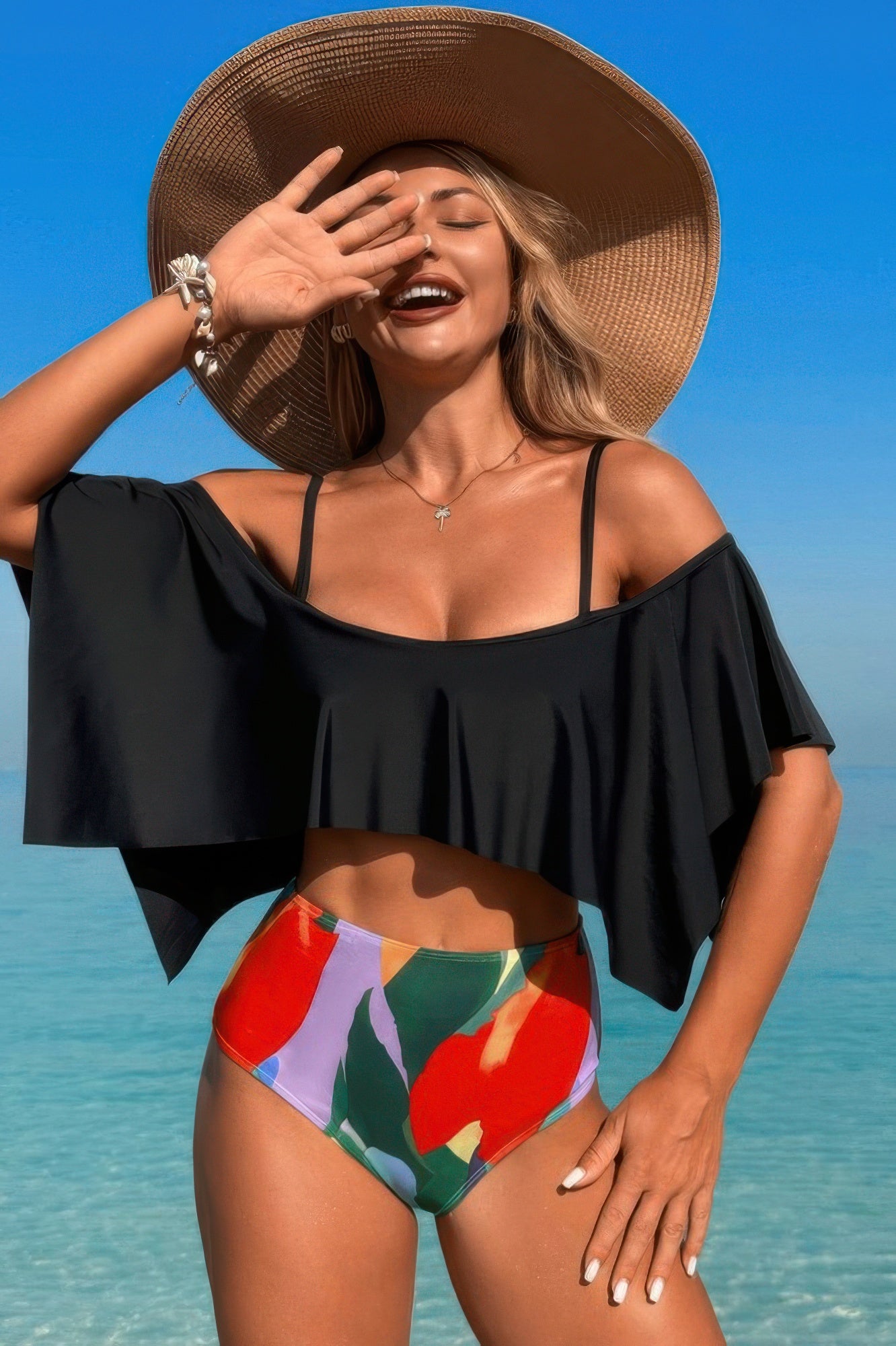 Ruffle Top High Waisted Bottom Tankini Swimsuit - Farnelli