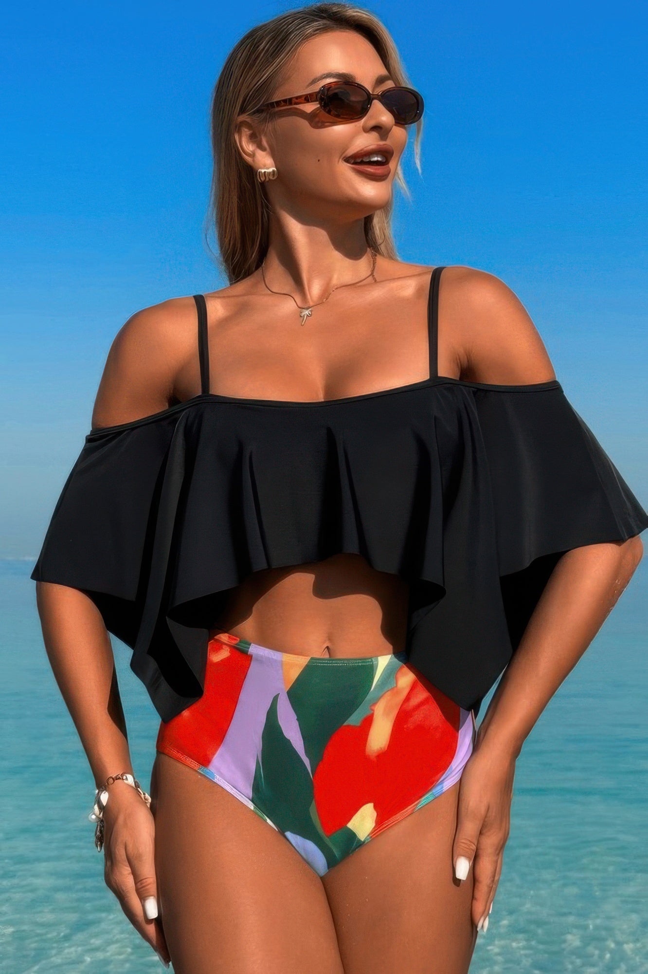 Ruffle Top High Waisted Bottom Tankini Swimsuit - Farnelli