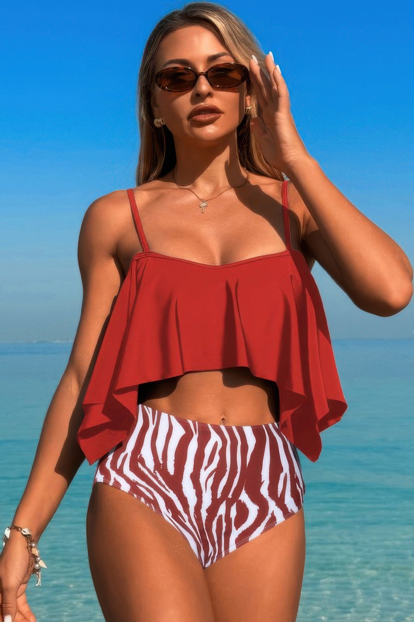 Ruffle Top High Waisted Bottom Tankini Swimsuit - Farnelli