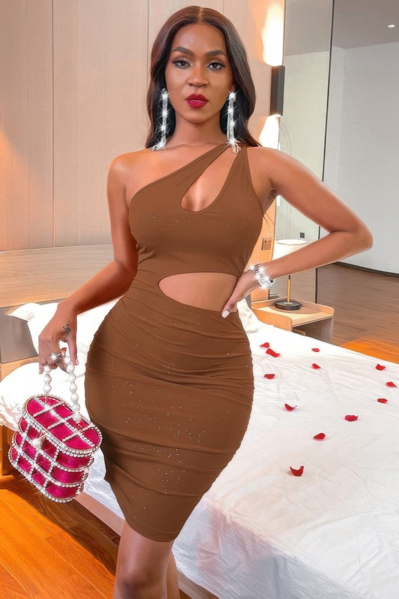 One Shoulder Sleeveless Cutout Bodycon Dress - Farnelli
