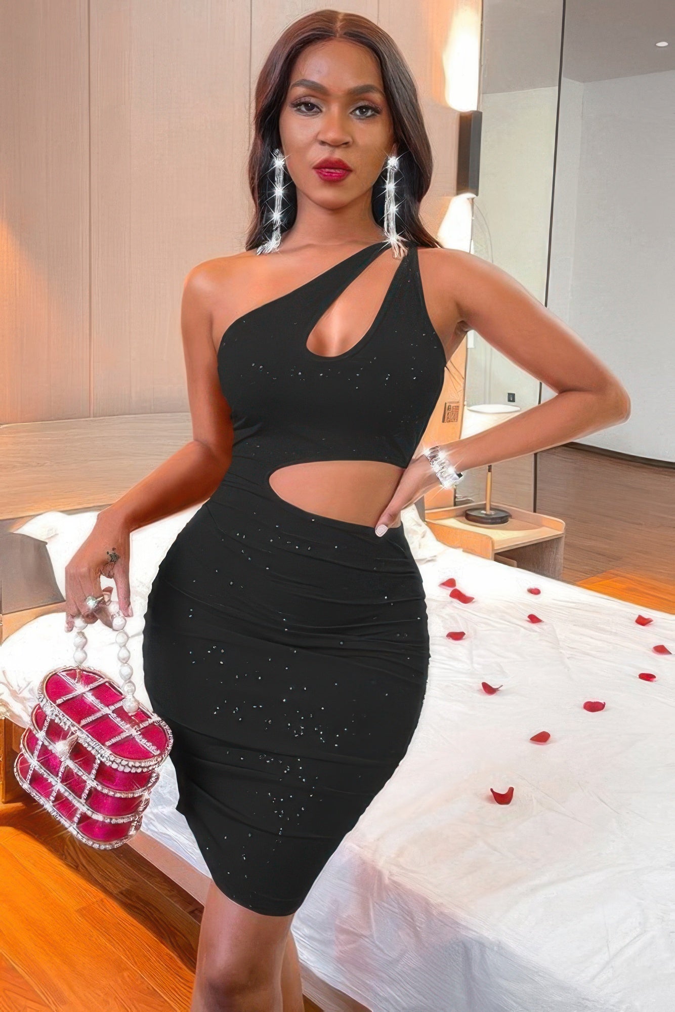 One Shoulder Sleeveless Cutout Bodycon Dress - Farnelli