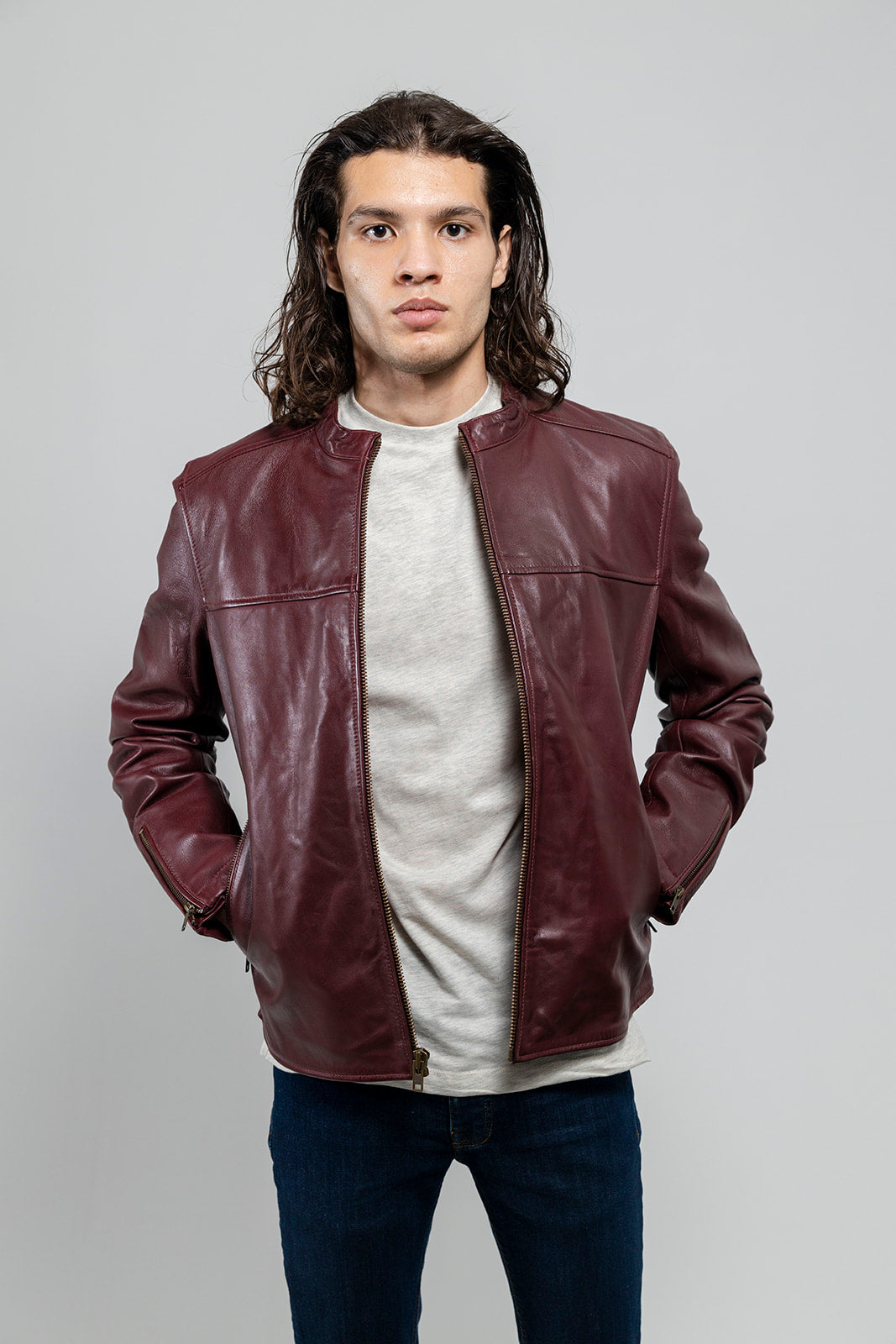 Whet Blu NYC Grayson men's dark cognac lambskin leather jacket front view