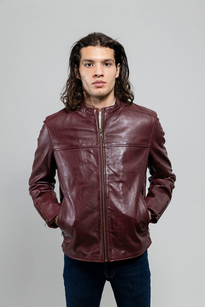 Whet Blu NYC Grayson men's dark cognac lambskin leather jacket front view