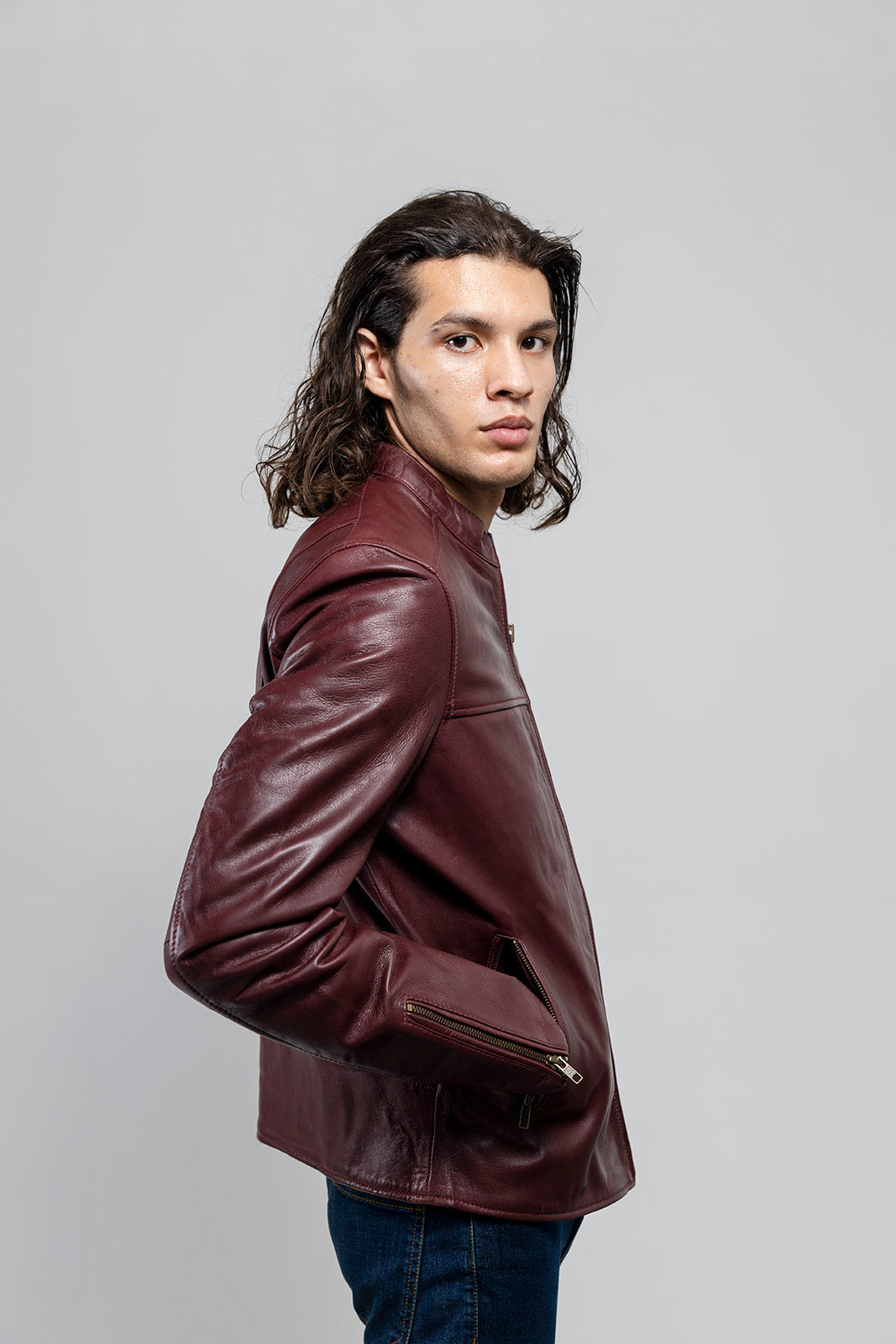Whet Blu NYC Grayson men's dark cognac lambskin leather jacket front view