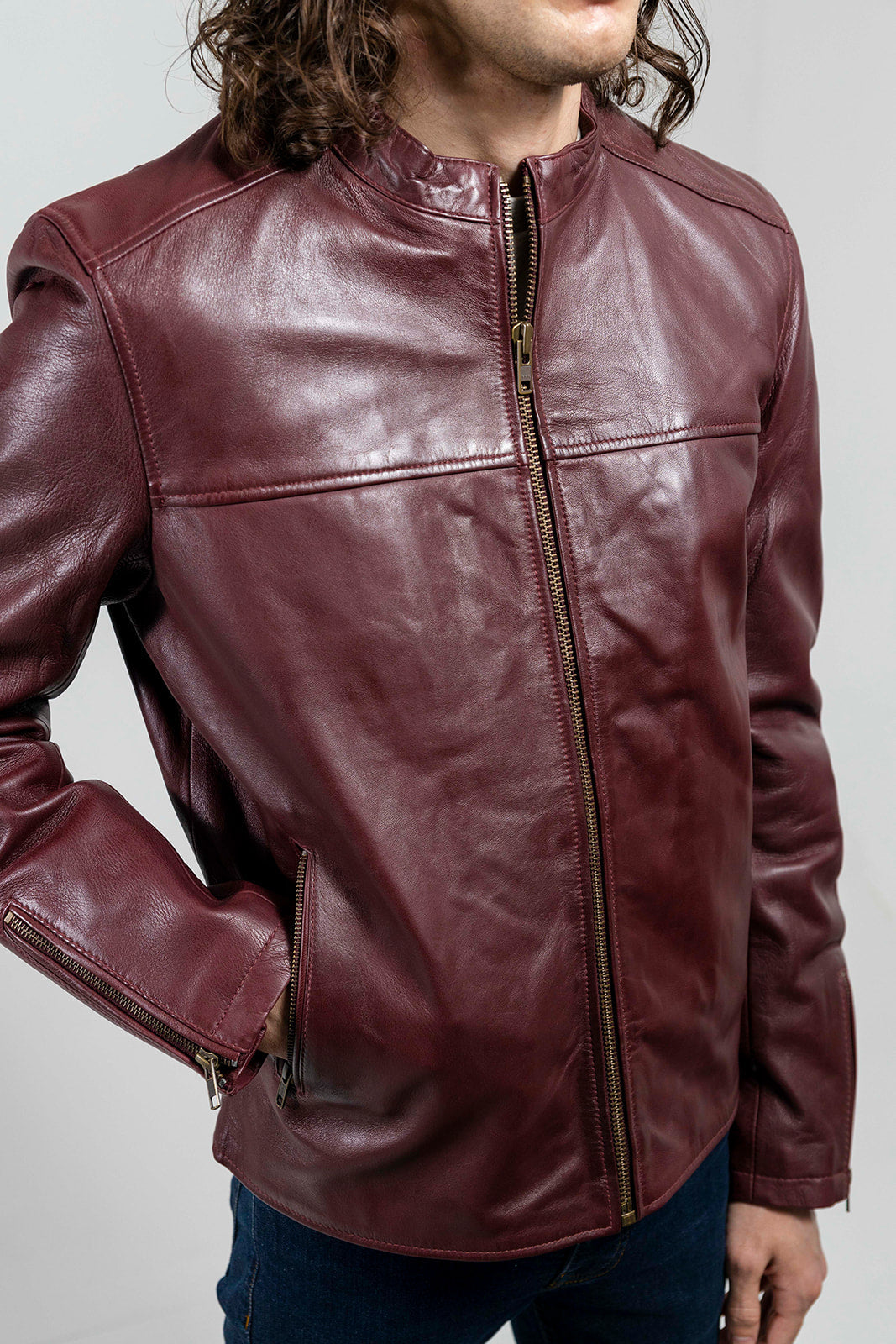 Whet Blu NYC Grayson men's dark cognac lambskin leather jacket with zip front and classic collar