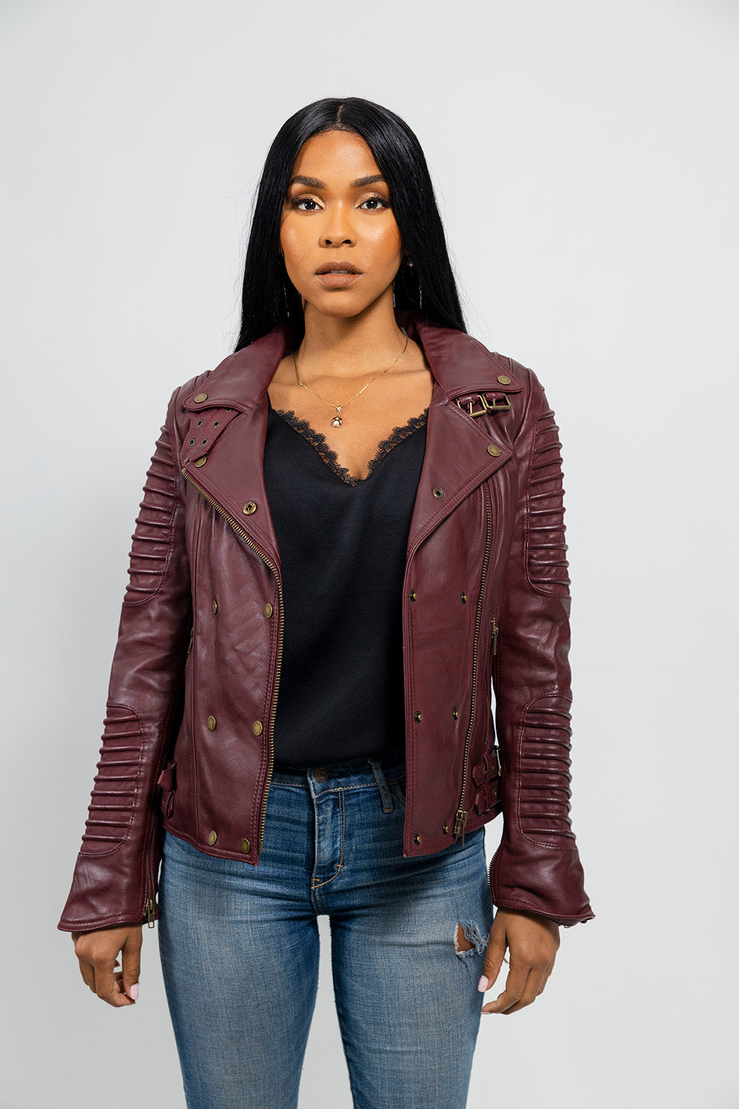 Whet Blu NYC Queens women's oxblood leather moto jacket front view