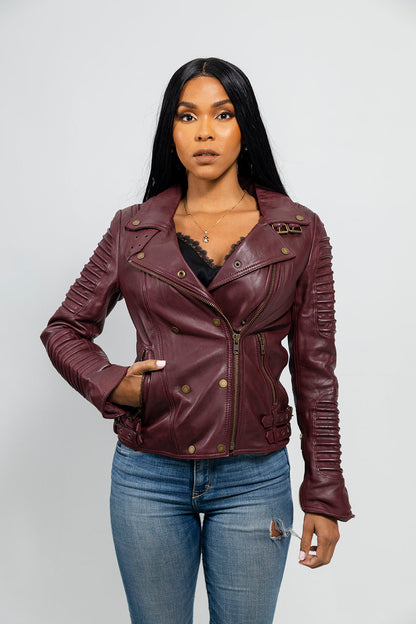 Whet Blu NYC Queens women's oxblood leather moto jacket front view