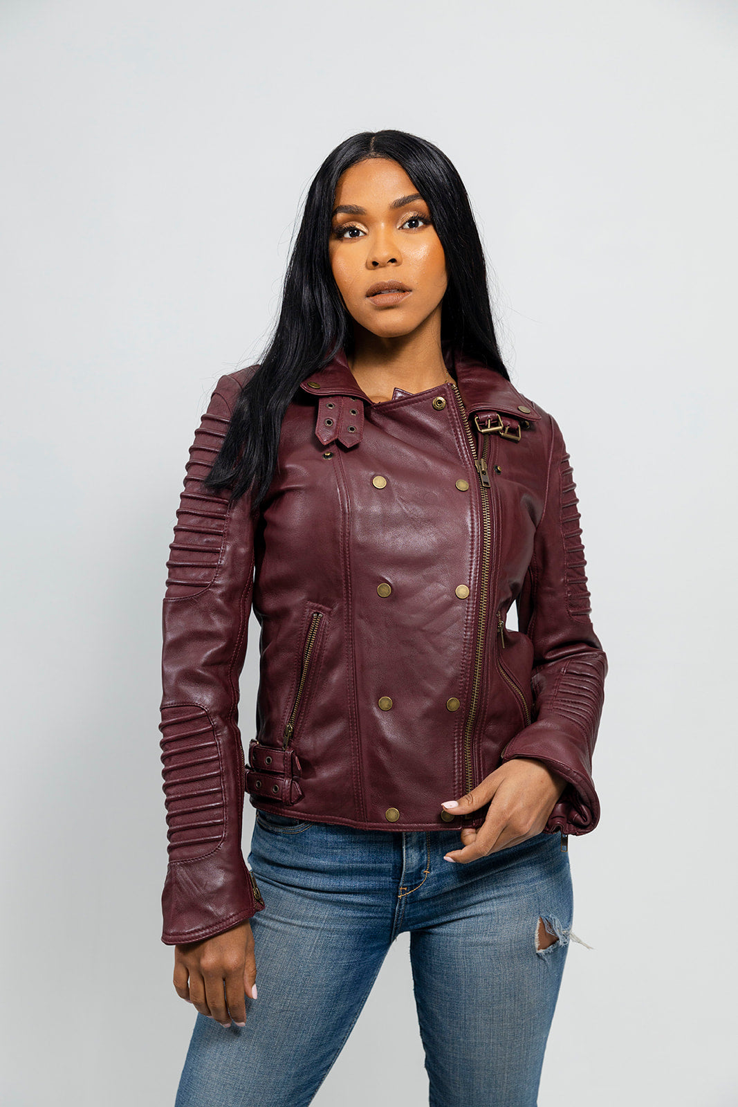 Whet Blu NYC Queens women's oxblood leather moto jacket_front view