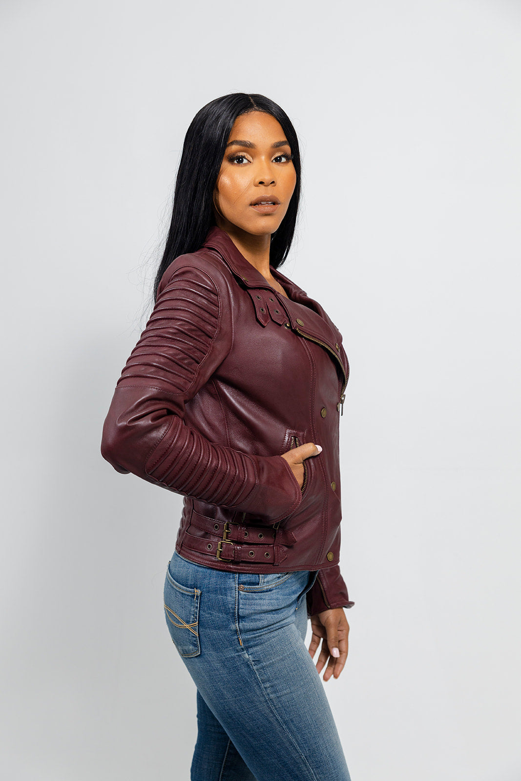 Whet Blu NYC Queens women's oxblood leather moto jacket front view
