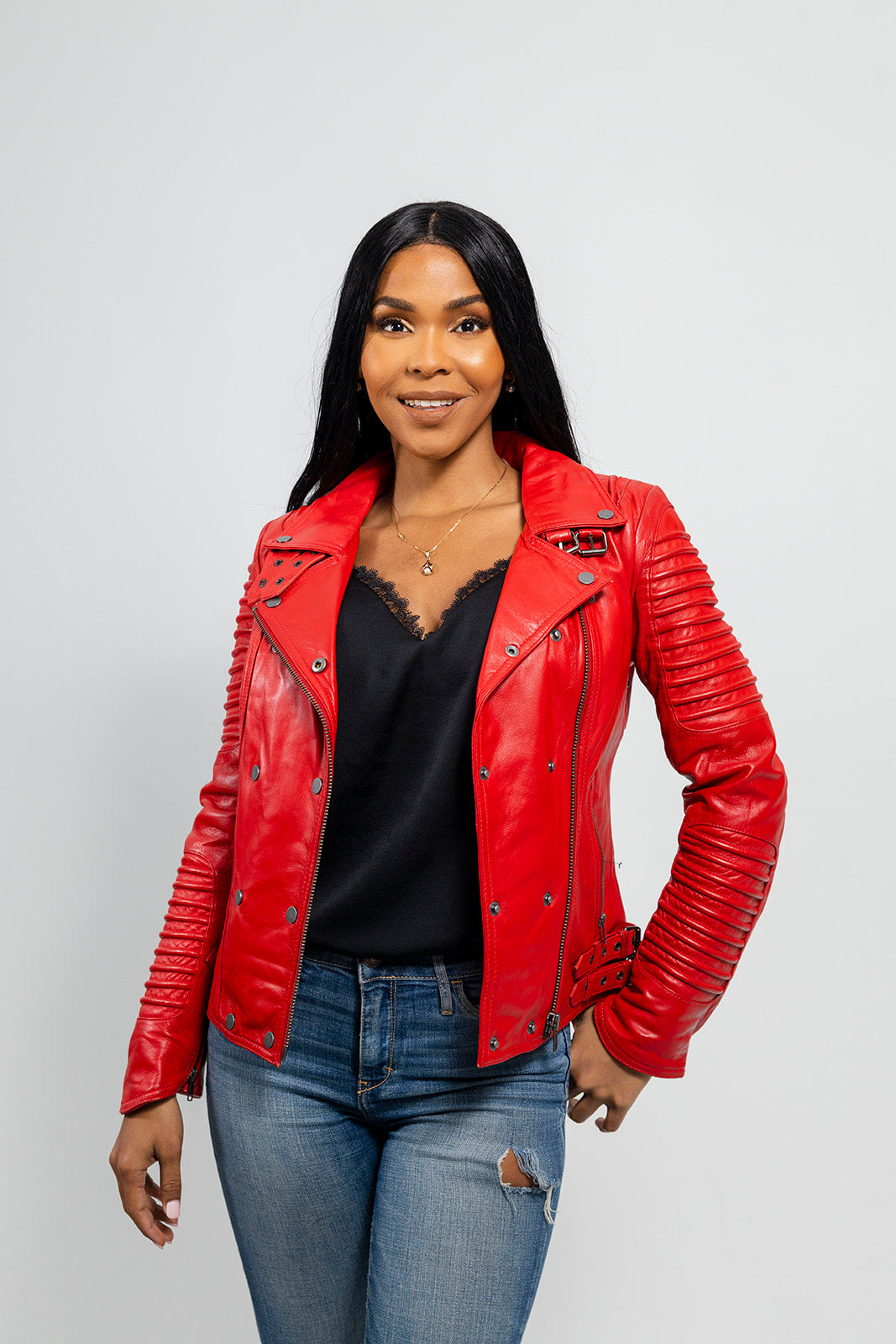 Whet Blu NYC Queens women's fire red fashion moto leather jacket 马会