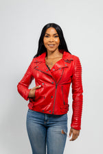 Whet Blu NYC Queens women's fire red leather moto jacket with asymmetrical zip and belted waist