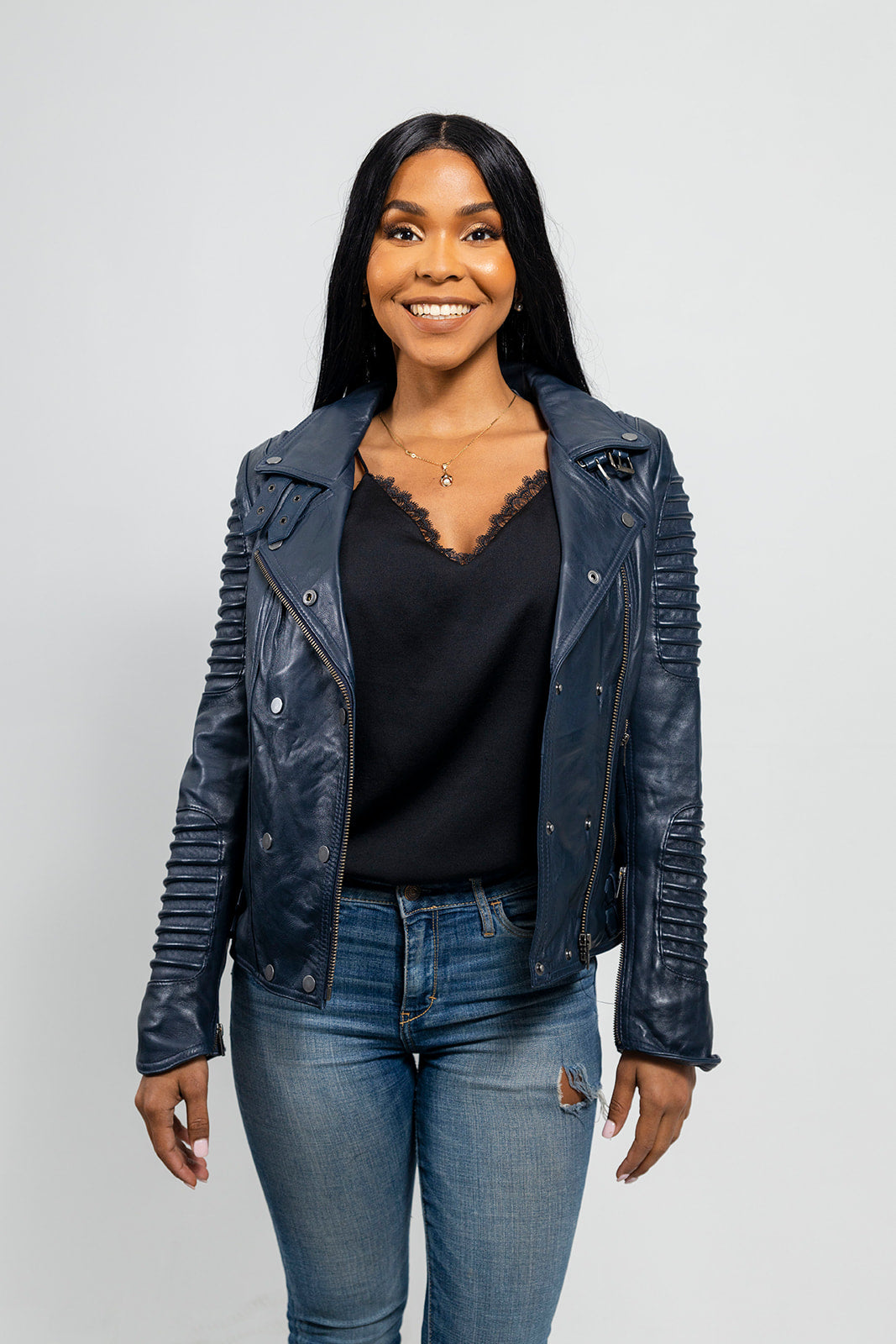 Whet Blu NYC Queens women's navy blue leather moto jacket, front view