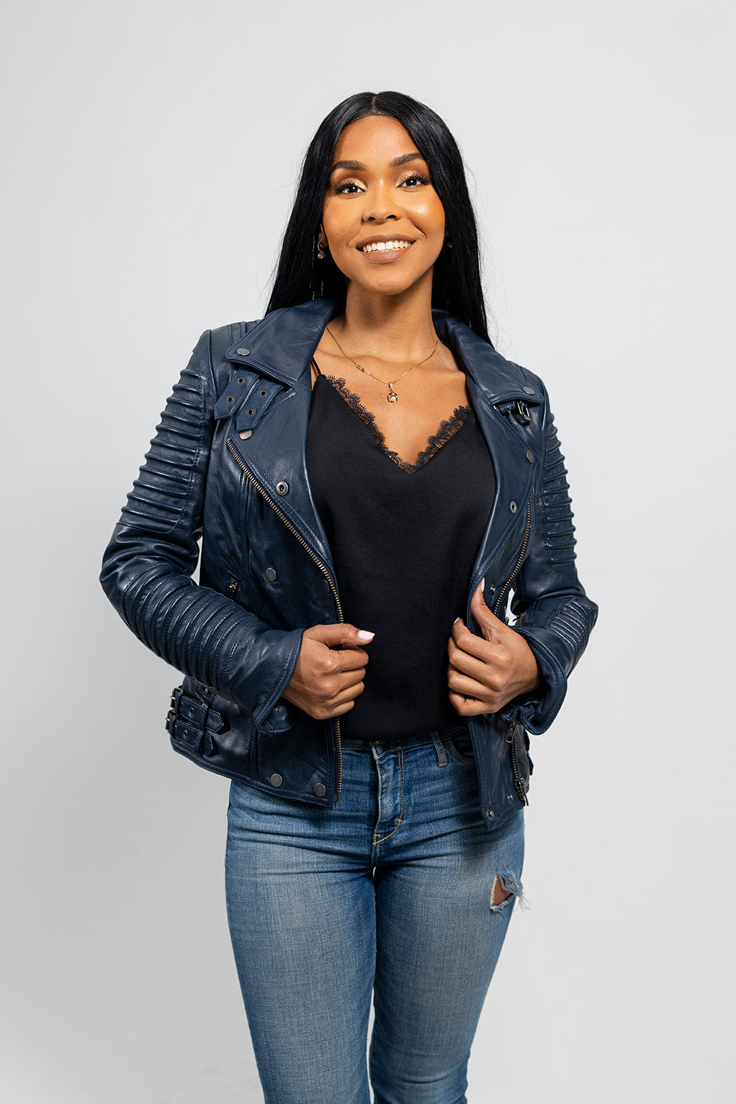Whet Blu NYC Queens women's navy blue fashion moto leather jacket front view