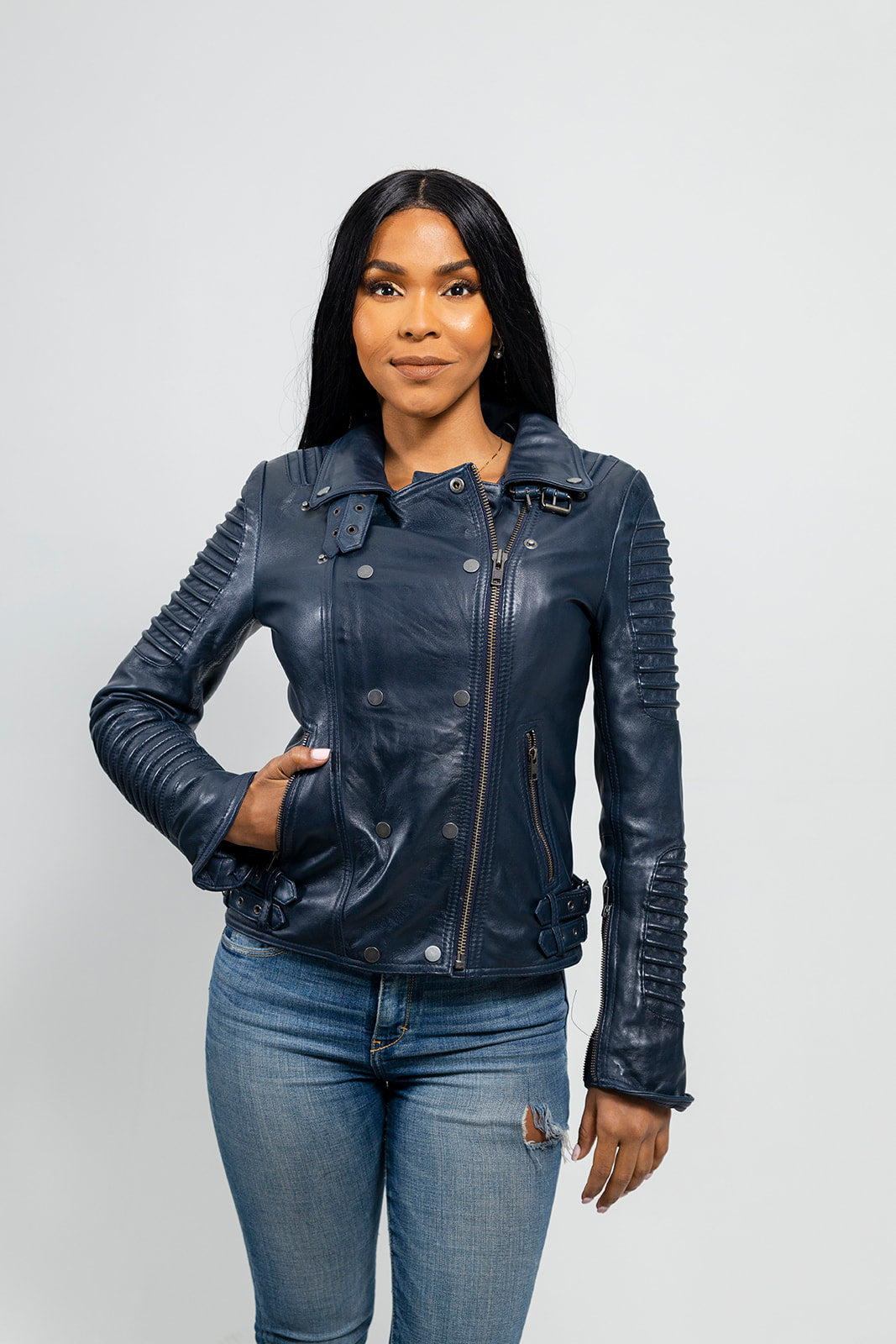 Whet Blu NYC Queens women's navy blue fashion moto leather jacket with zip details