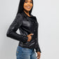 Whet Blu NYC Queens women's black leather moto jacket with zip front and fitted silhouette