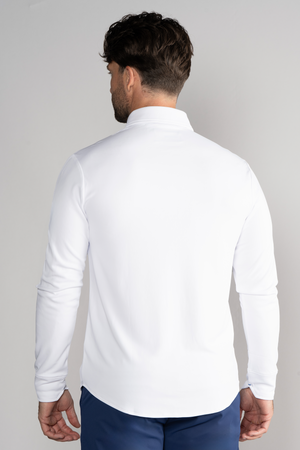 White and blue long sleeve button-down polo shirt by Twillory, featuring contrast design and back view.